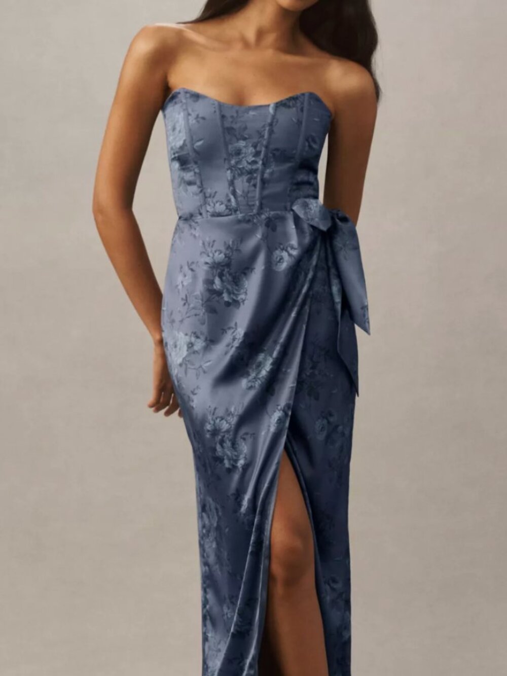 V. Chapman June Printed Corset Front-Slit Satin Gown